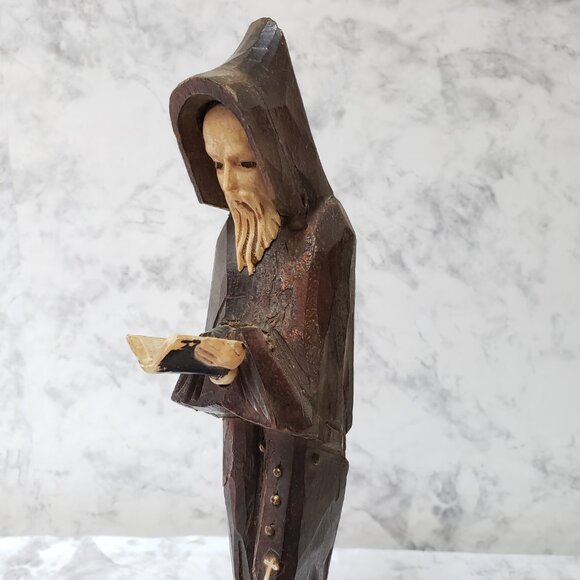 MCM Religious Old Man Hood Robe Book Vintage Hand Carve Wood Statue Goth Witchy - Picture 2 of 9